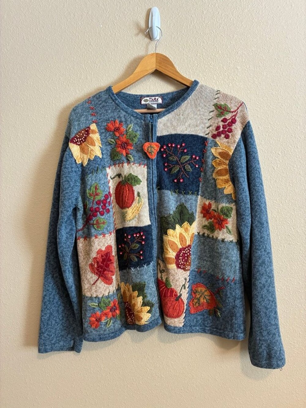 Vintage Tiara International Women's Patchwork Autumn Leaf Cardigan Sweater Large